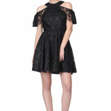 Black satin overlayed floral mesh ladies drop shoulder gothic dress