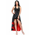 long reversible and overlaped skirt in red and black fabric combined with the black fitted dress