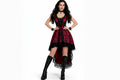 Victorian Lavish Black/Red Satin Dress with Floral Mesh
