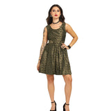 Gold Brocade Charm - Trendy Pleated Brocade Dress
