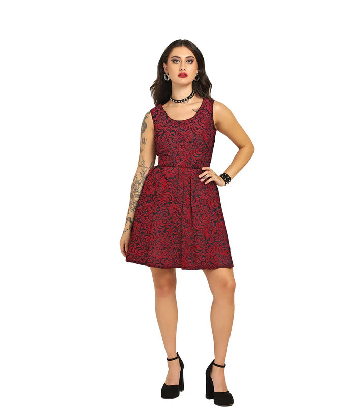 Red Brocade Charm - Trendy Pleated Brocade Dress