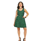 Green Brocade Charm - Trendy Pleated Brocade Dress