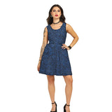 Blue Brocade Charm - Trendy Pleated Brocade Dress