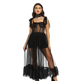 Sheer Black Mesh Gown with Satin Lace and Boning