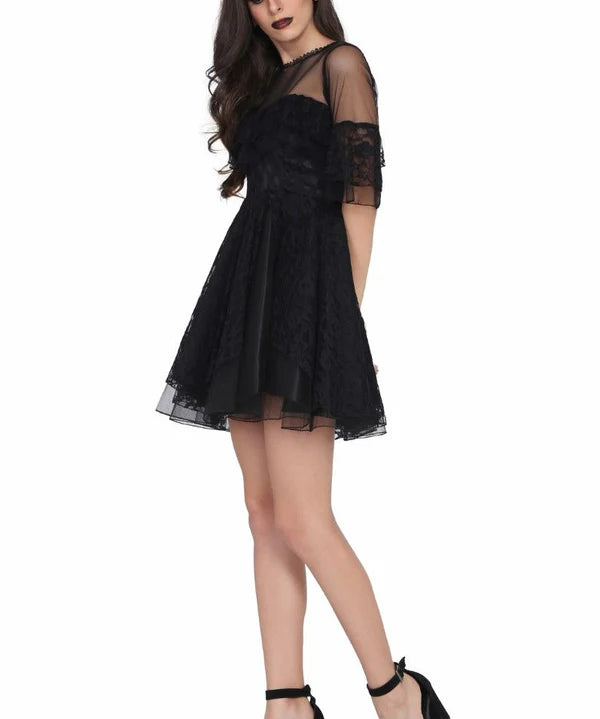 Ladies black satin overlayed net gothic dress