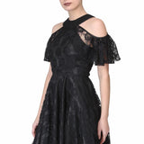 Black satin overlayed floral mesh ladies drop shoulder gothic dress