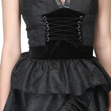 Black Brocade Gothic Beauty with Front criss Cross Lacing Short Dress