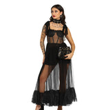 Sheer Black Mesh Gown with Satin Lace and Boning
