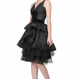 Black Brocade Gothic Beauty with Front criss Cross Lacing Short Dress