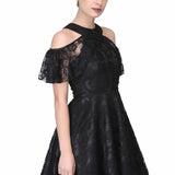 Black satin overlayed floral mesh ladies drop shoulder gothic dress