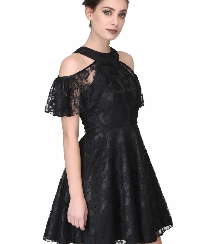 Black satin overlayed floral mesh ladies drop shoulder gothic dress