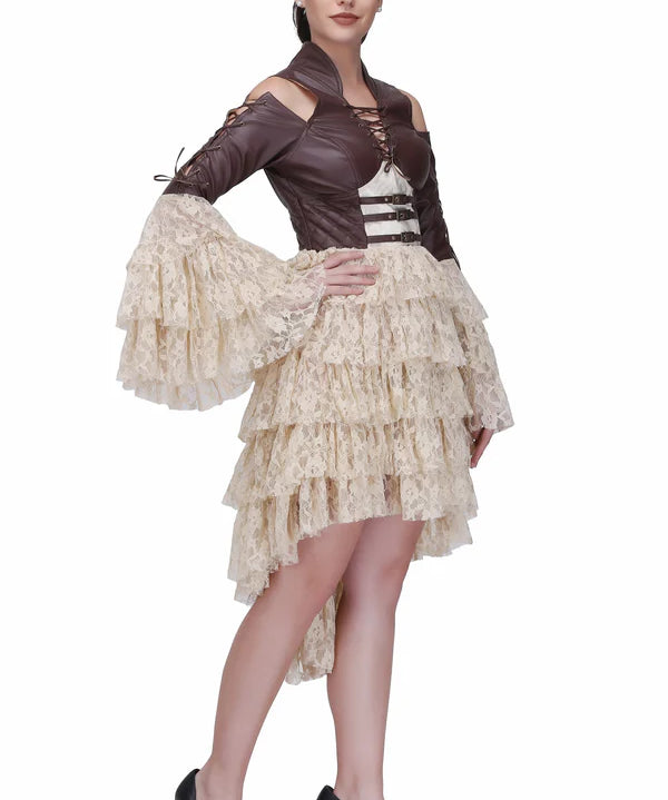 Brown and off white steampunk layered dress
