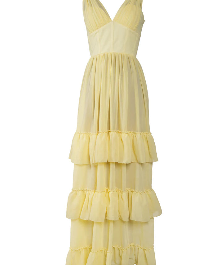 Women's Yellow Maxi Dress with Corset-Style Lace-Up Back