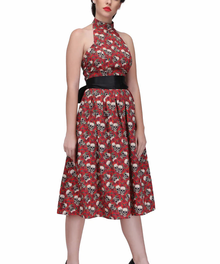 Skull Rose printed gothic knee length dress