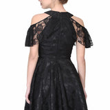 Black satin overlayed floral mesh ladies drop shoulder gothic dress