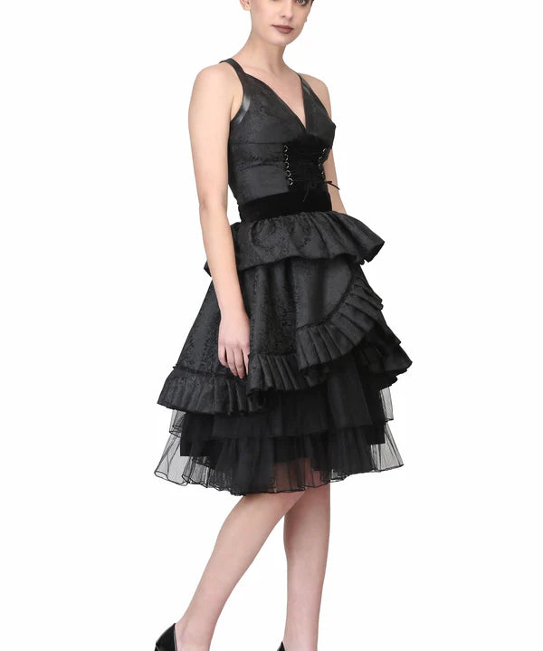 Black Brocade Gothic Beauty with Front criss Cross Lacing Short Dress