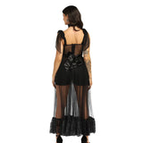 Sheer Black Mesh Gown with Satin Lace and Boning