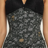 Grey Skull printed Waist Reducing Authentic Steel Boned Sexy Underbust Corset Dress