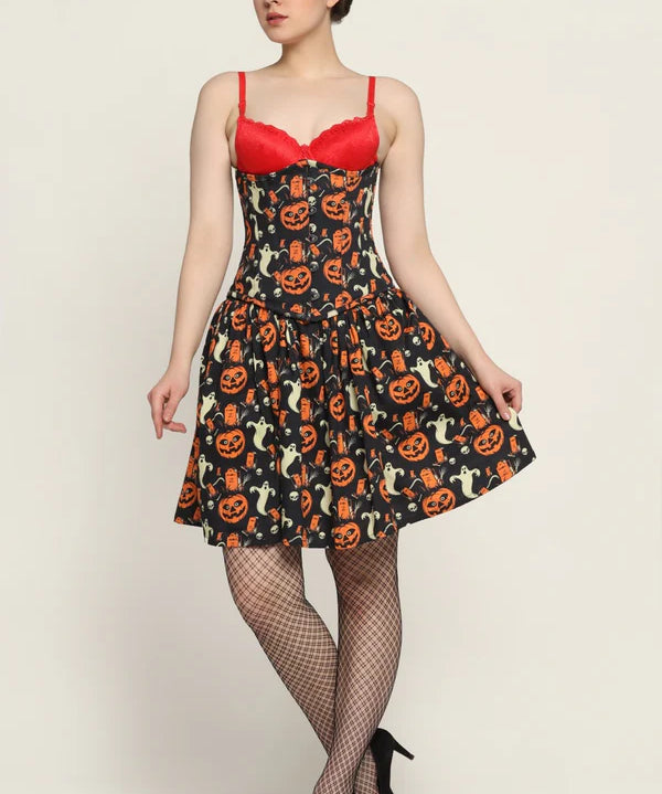 Midnight Pumpkin Printed Corset Dress