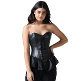 Gothic Peplum Corset Mini Dress in Black Faux Leather with Tafta