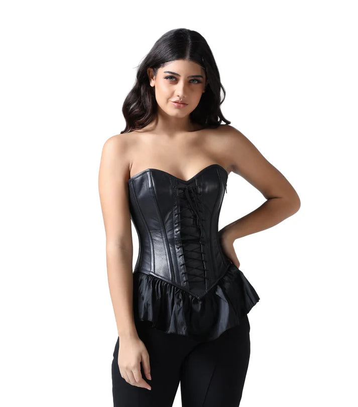 Gothic Peplum Corset Mini Dress in Black Faux Leather with Tafta