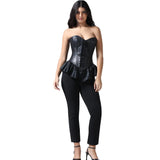 Gothic Peplum Corset Mini Dress in Black Faux Leather with Tafta