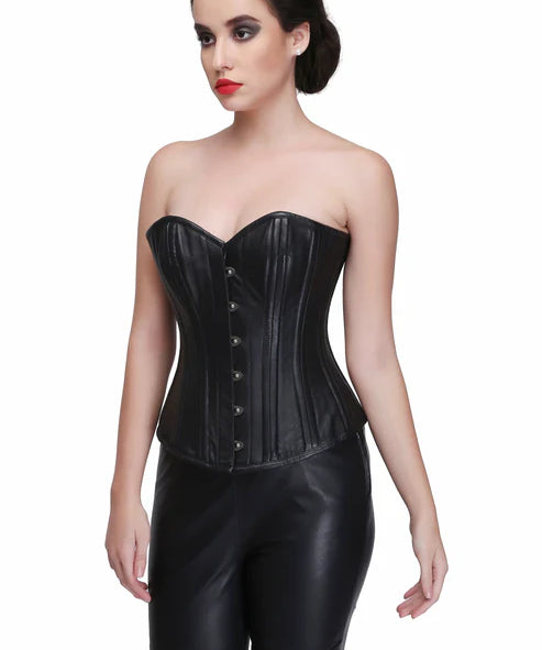 Genuine leather waist training overbust corset