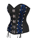 Black Brocade & Blue Satin Overbust Corset with Metal Hooks