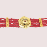 HexaCharm Red Beaded Necklace with Golden Hexagon Pendant