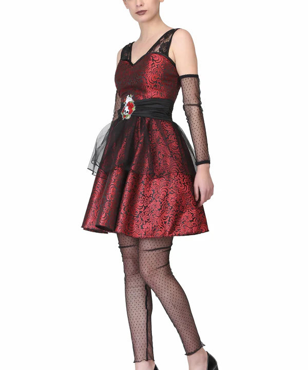 Black/red brocade Dress with Skull Rose Embroidered Ptach