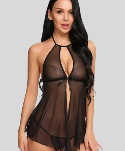 Elegant Lace Black Babydoll Nightwear