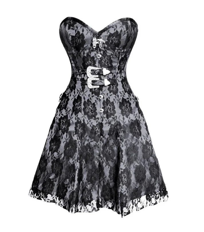 White satin Black Net Corset Dres