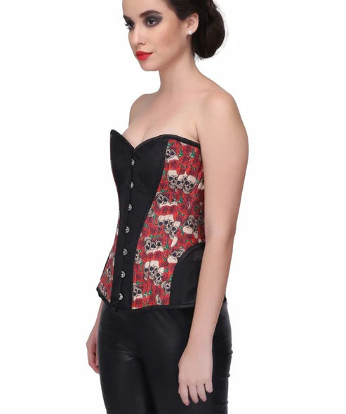 Skull Rose Print with Brocade Waist Training Overbust Corset